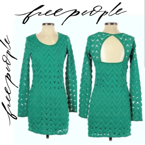 Free People Wild Thing Green Cutout Open Back Zigzag Tunic Dress - L - Picture 2 of 8